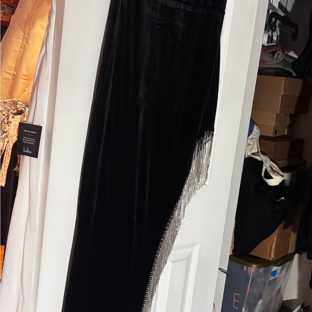 City Studio Black Velvet Dress with Fringe
